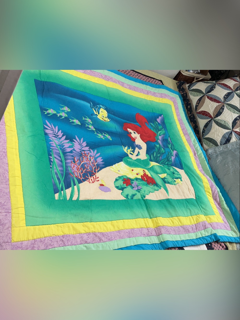 Handmade Little Mermaid Themed Kids Bedding topper Throw in Teal, Green, Red